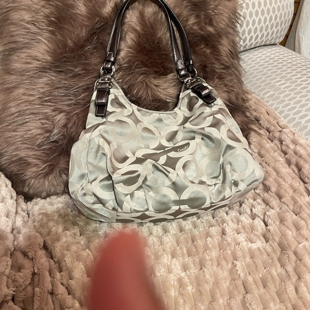 Coach Silver and Brown Vintage Patterned Shoulder Bag